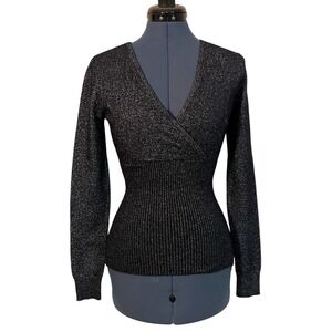 Vtg Cache Black Silver Metallic Surplice V Neck Ribbed Knit Top Y2K Event Sexy M